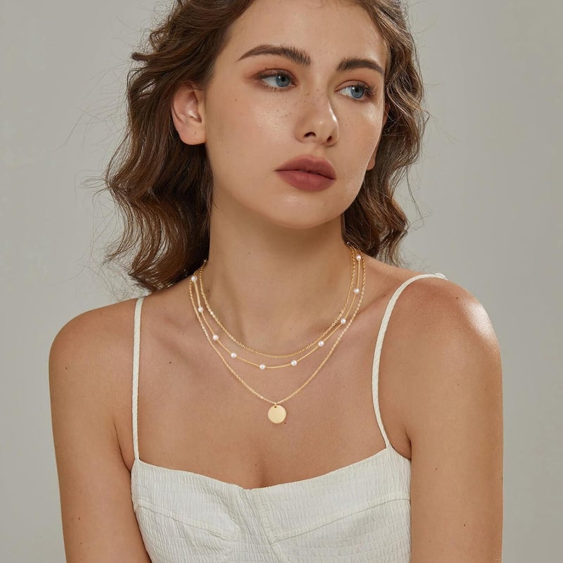 MFRYK Gold/Silver Necklaces Stack For Women,14K Gold/Sterling Silver Plated Simple Layered Choker Necklaces For Women,Stackable Multilayer Pearl Cross Disc Circle Pendant Cuban Herringbone Snake Paperclip Chain Necklaces Set Jewelry Gift for Women - Image 3